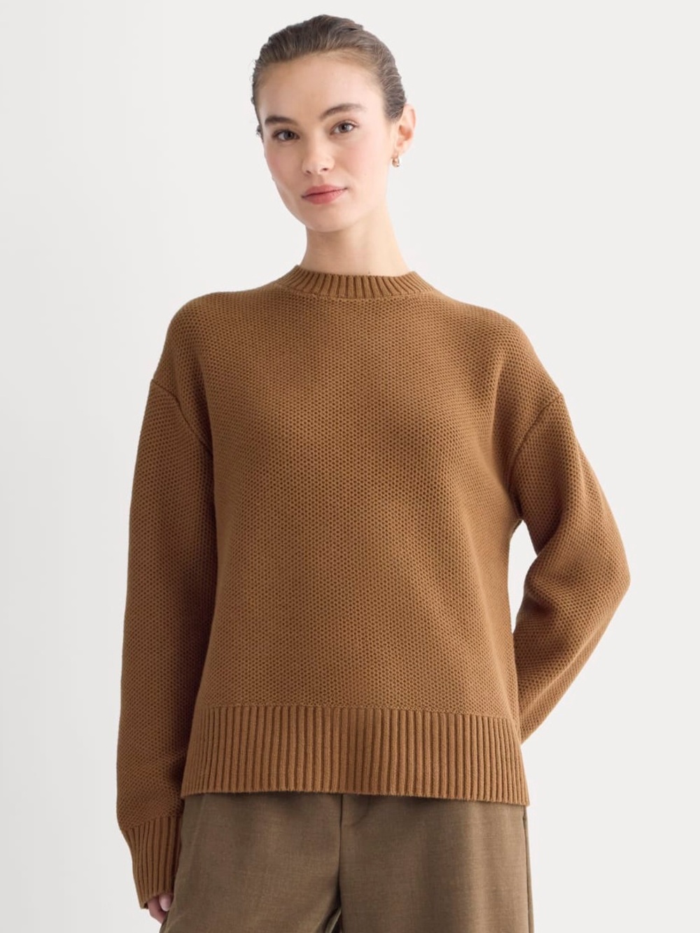 NWOT EVERLANE Women’s 100% Organic Cotton Honeycomb Square Crew Toffee Medium